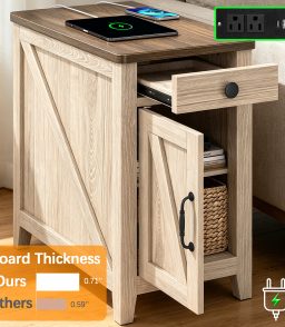 Farmhouse End Table with Charging Station, Narrow Nightstand for Living Room, Small Wooden Sofa Side Table, Bedside Table with Drawer and Storage Cabinet, Wood Night Stand