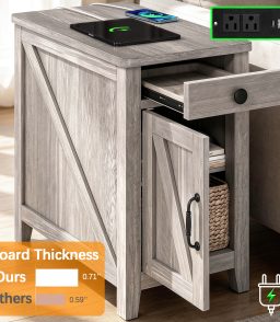 Farmhouse End Table with Charging Station, Narrow Nightstand for Living Room, Small Wooden Sofa Side Table, Bedside Table with Drawer and Storage Cabinet, Rustic Gray