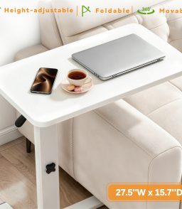 Pneumatic Overbed Table Height Adjustable, Rolling Bed Desk, Mobile Standing Laptop Table with Wheels, Over Bed Table for Hospital/Sofa/Couch/Bed/Office/Work - Foldable (27.5" W x 15.7" D, White)