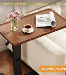 Pneumatic Overbed Table Height Adjustable, Rolling Bed Desk, Mobile Standing Laptop Table with Wheels, Over Bed Table for Hospital/Sofa/Couch/Bed/Office/Work - Foldable (27.5" W x 15.7" D, Walnut)