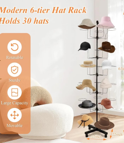 VGBYUJ Hat Rack, 6-Tier Rotating Heavy Duty Freestanding Cap Display Stand with 30 Hooks, 360° Spinning Hat Holder for Baseball Caps, Cowboy Hats, for Vendors, Retail Stores & Home, Black
