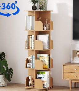 VGBYUJ 4 Tier Rotating Bookshelf, Square Spinning Bookshelf Tower for Small Space, 360 Display Revolving Bookcase Floor Standing Storage Rack, Natural