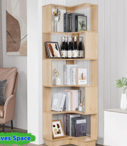 VGBYUJ Corner Bookcase 5-Shelf, Tall L-Shaped Corner Storage Shelf, Wooden Open Display Bookshelves Organizer for Small Spaces, Living Room, Bedroom, Natural