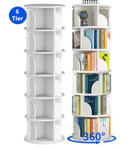 VGBYUJ 6-Tier Wooden Rotating Bookcase, 360° Revolving Bookshelf Organizer with 24 Shelves, Large Display Rack, 74"x18"x18", White