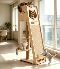 VGBYUJ 59" Cat Tree for Large Cats & Multiple Cats, Multi-Level Cat Tower with Scratching Post, Top Perch & Climbing Ramp, Solid Wood Cat Condo Furniture for Indoor Cats