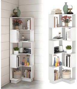VGBYUJ 5-Tier Corner Bookshelf, L-Shaped Corner Shelf Stand, Wood Display Storage Organizer Bookcase with Open Shelves for Living Room Bedroom Home Office, White