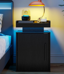 VGBYUJ Nightstand with LED Lights, Wooden Bedside Table with Storage Cabinet and Side Open Shelf, Modern End Table for Bedroom Living Room, Black LED Night Stand
